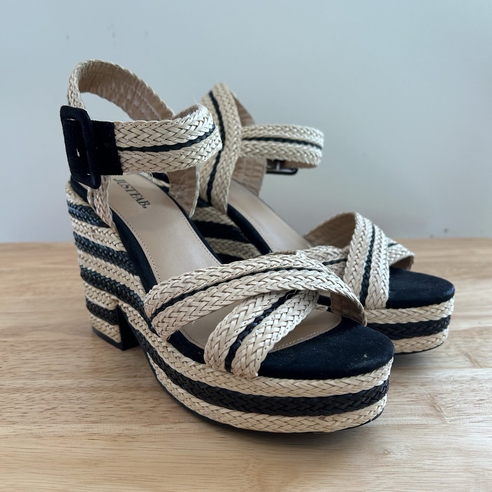 Just Fab Paradise Keeper Wedge Heel Sandal Sz 8 Tan Black Woven vacay resort